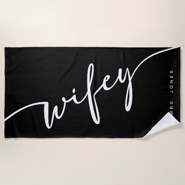 Toalha Wifey Beach, preta e branca, presente para  (Frente)