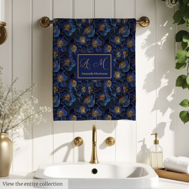 Toalhas Azuis Reais Personalizadas Chic Flor de Ou (Personalized Royal Blue Towels Chic Gold Flower)