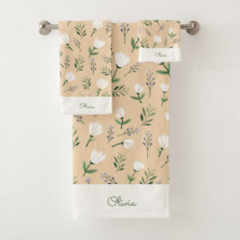 Toalhas com Nome Personalizado – Floral Branco em 