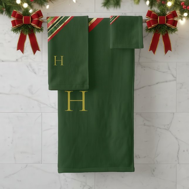 Toalhas Conjunto Dourado de Bandas de Natal Monograma Verd (Gold Red Green Monogram Striped Christmas Bathroom Towel Set)