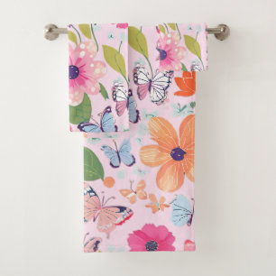 Toalhas de Banho Borboletas e Flores, Rosa