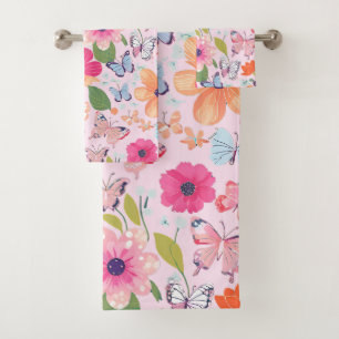 Toalhas de Banho Borboletas e Flores, Rosa