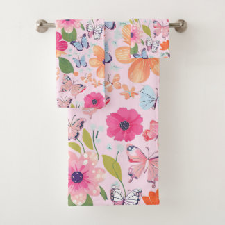 Toalhas de Banho Borboletas e Flores, Rosa