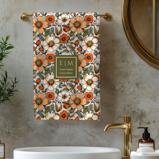 Toalhas de Banho Terracota Ferrugem Flores de Outo (Warm Autumn Flowers Terracotta Rust Bath Towel)