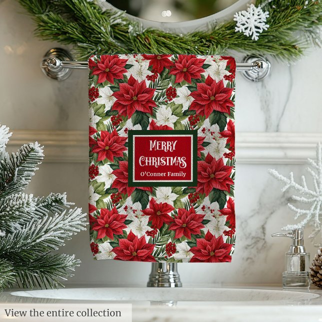Toalhas de Natal Modernas com Nome Personalizado T (Modern Christmas Towels Custom Name Floral Touch)