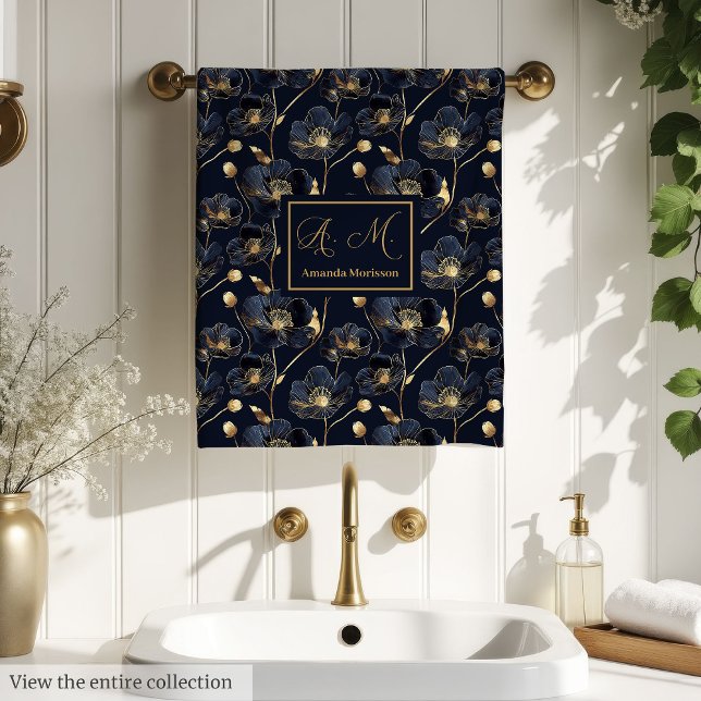 Toalhas Navy Gold Lux Personalizadas com Acento Fl (Navy Gold Lux Towels Custom Name Floral Accent)