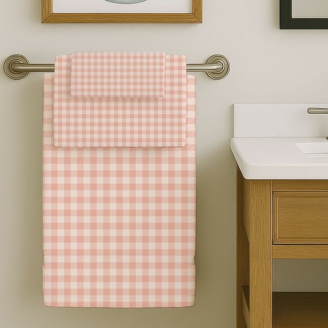 Toalhas Xadrez Modernas Coral Cinza para Qualquer  (Modern Plaid Towels Coral Grey for Any Bath)