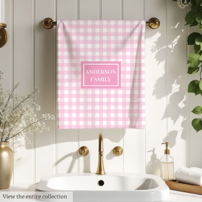 Toalhas Xadrez Rosa Personalizadas Chic Nome Perso (Personalized Pink Plaid Towels Chic Custom Name Set)