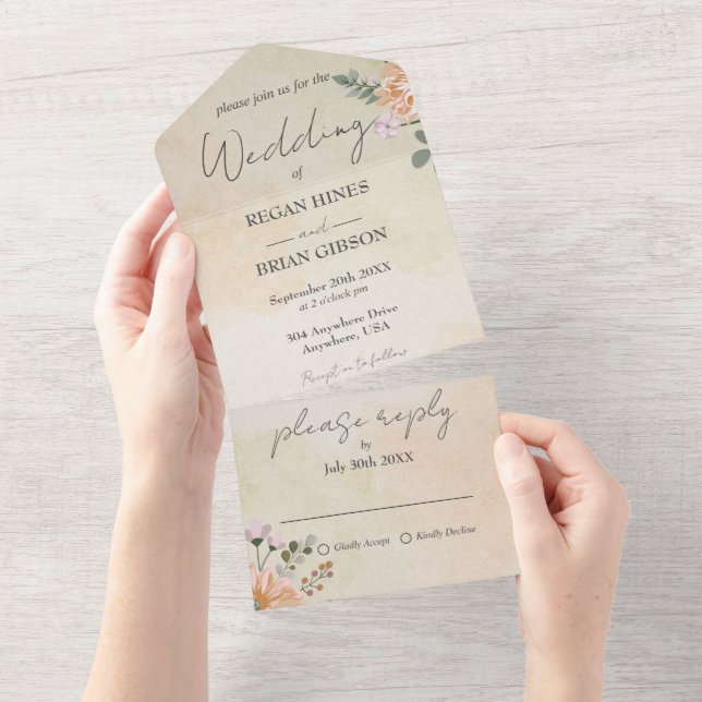 Todos em Um Convite Floral Russo de Casamento (Aba destacável)