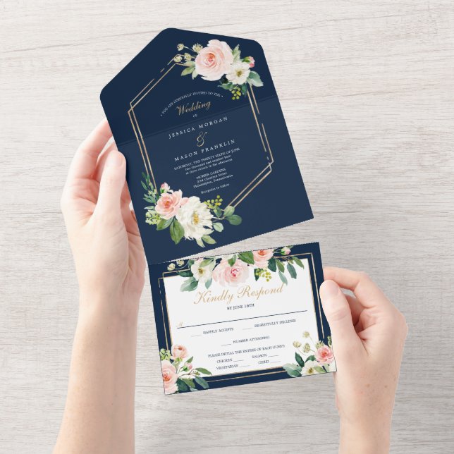 Todos em um Marinho Convite de casamento azul Dour (Aba destacável)