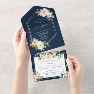 Todos em um Marinho Convite de casamento azul Dour
