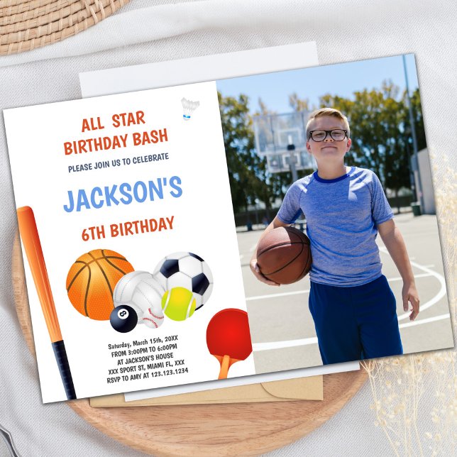 Todos os convites para o aniversário do Star Sport (All Star Sports Birthday Invitations with photo)