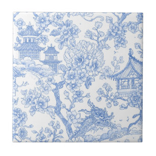 Toile de Chinoiserie Azul Dragão Flor de Cerejeira