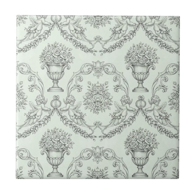 Toile de Jouí Verde Menta com Querubim Barroco e U (Frente)