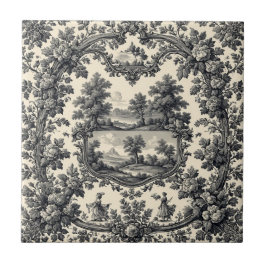 Toile De Jouy Countryside Floral Motif Monochrome 