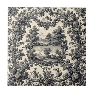 Toile De Jouy Countryside Floral Motif Monochrome 