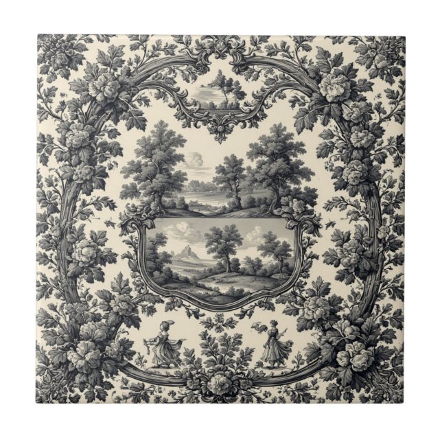 Toile De Jouy Countryside Floral Motif Monochrome  (Frente)