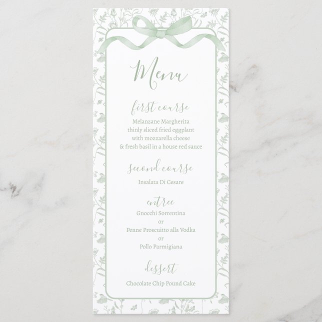 Toile de jouy Sage Green Menu Card (Frente)