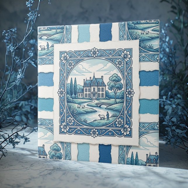 Toile De Jouy Vintage Rústico Azul Francês Campest (Country French Toile De Jouy Vintage Rustic Blue Ceramic Tile)