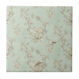 Toile de Verde Menta Francês com Pássaros e Flores