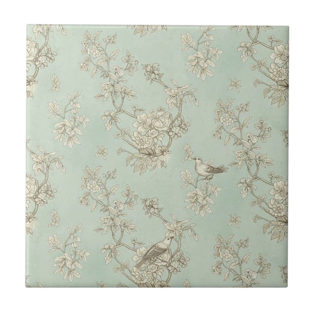 Toile de Verde Menta Francês com Pássaros e Flores (Frente)
