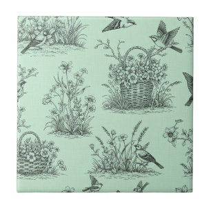 Toile Pastoral Verde Menta com Pássaros e Flores