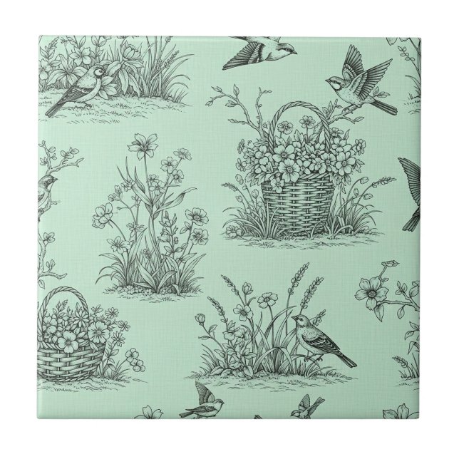 Toile Pastoral Verde Menta com Pássaros e Flores (Frente)