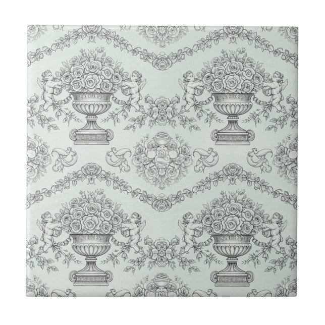Toile Verde Menta com Querubim Barroco e Urna Flor (Frente)