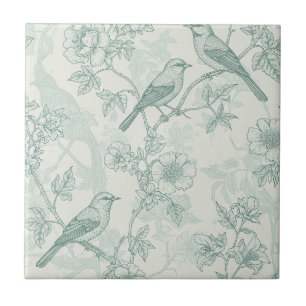 Toile Verde Menta Francês Country Pássaros e Flora