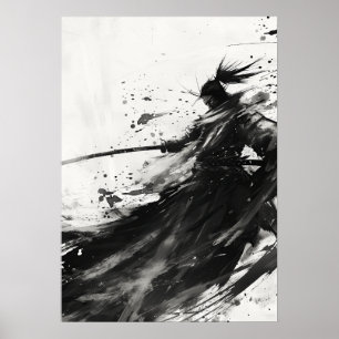 Tomada dinâmica Samurai em Poster preto e branco