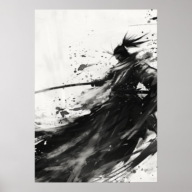 Tomada dinâmica Samurai em Poster preto e branco (Frente)