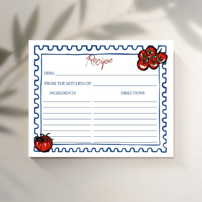 Tomato Italian bridal shower recipe card (Cherry Tomato blue post stamp Italian bridal shower recipe cards bridal shower games)