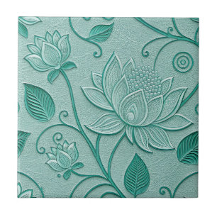 Tons de Verde Pastel com Estampa de Lótus em Relev