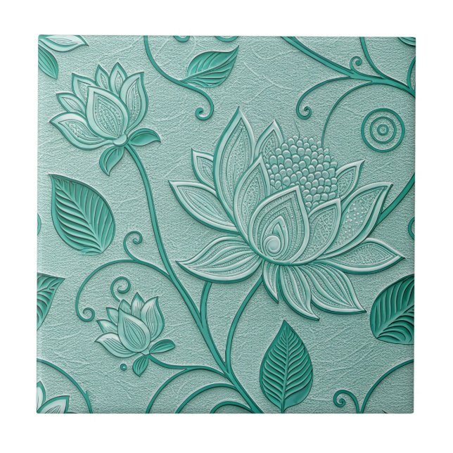 Tons de Verde Pastel com Estampa de Lótus em Relev (Frente)