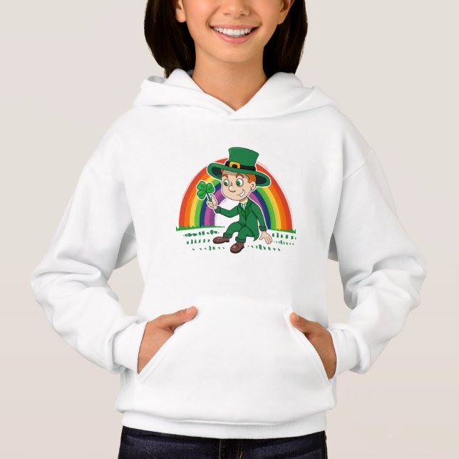 Toon leprechaun bonito com shamrock e arco-íris (Frente)