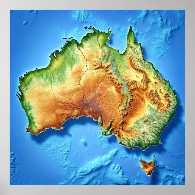 Topográfico Mapa da Austrália Poster (Frente)