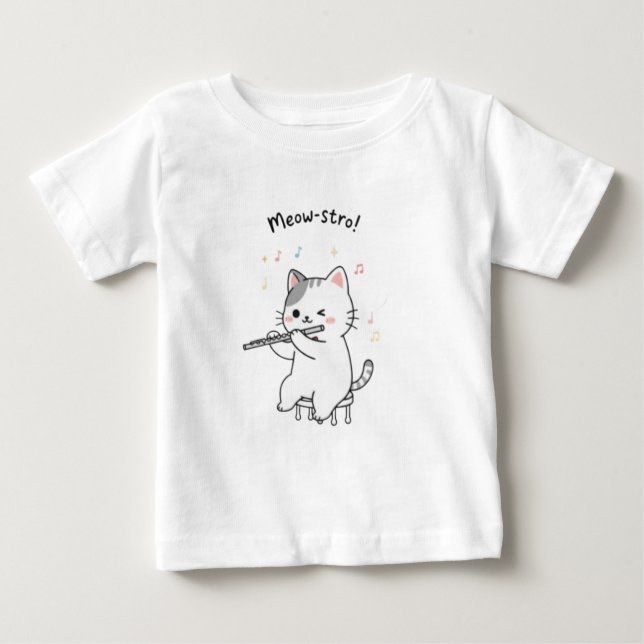 Tops de Bebê Gato Engraçado Tocando Flauta (Frente)