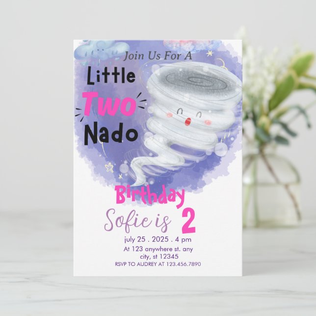 Tornado Pink Girls 2 Aniversário Convite Para Dois (Em pé/Frente)