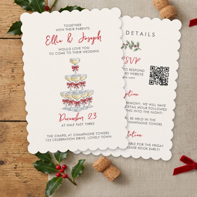 Torre de Champanhe Código QR RSVP Convite de Casam (All in One QR Wedding Invite from the Whimsical Champagne Tower Holiday Wedding Set by Darling & May)