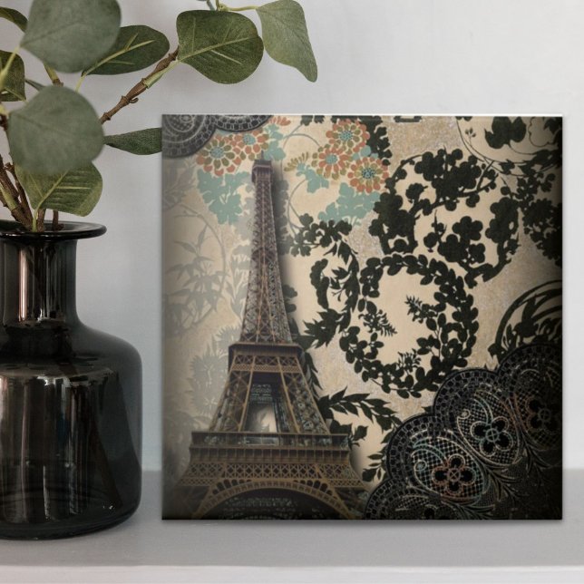 torre de eiffel floral preto boêmio paris paris ei (bohemian black floral vintage paris eiffel tower ceramic tile)