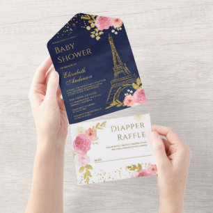 Torre Eiffel Dourada Rosa Floral Baby Shower