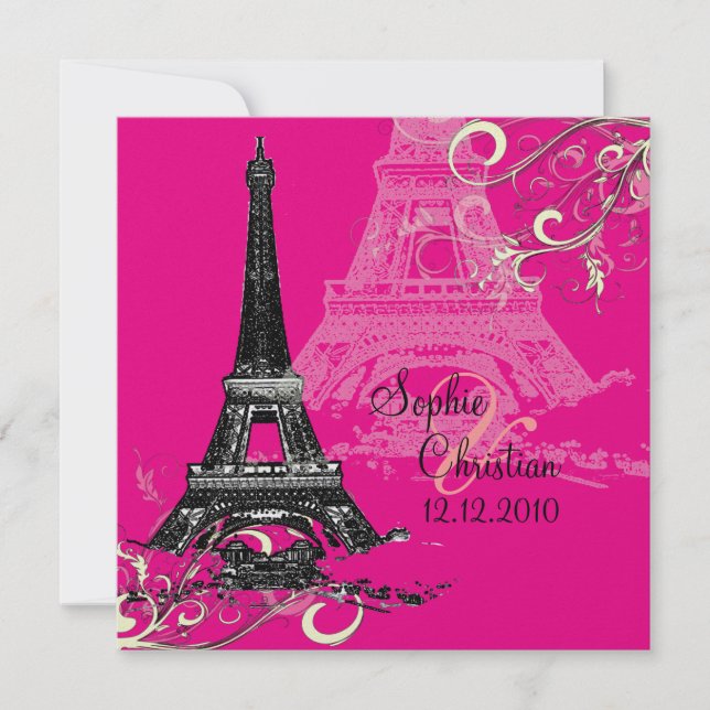 Torre Eiffel + espirais Convites de Casamento (Frente)