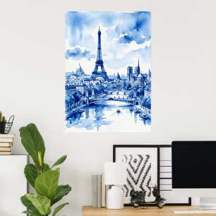 Torre Eiffel Paris Poster Aquarela Azul   França