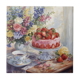 Torta de Morango em Aquarela e Natureza Morta de F