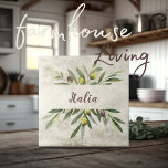 Toscana Rustic Olives Italia Brown Script<br><div class="desc">Bella Cucina buquê de aquarela rustica de ramos e folhas. Feito em um roteiro marrom. Combine & com outros azulejos neste mesmo tema de coordenação para criar a sua aparência perfeita. 100% de satisfação do cliente com o "Zazzle" todos os dias.</div>