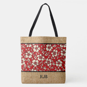 Tote A bolsa de praia havaiana do monograma do hibiscus