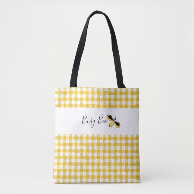 Tote Abelha Ocupada, Bolsa de Ombro Gingham Amarelo (Frente)