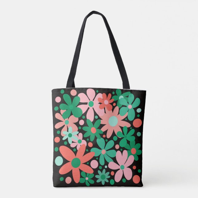 Tote Abstrato flores em verde, coral e bolsa rosa. (Verso)
