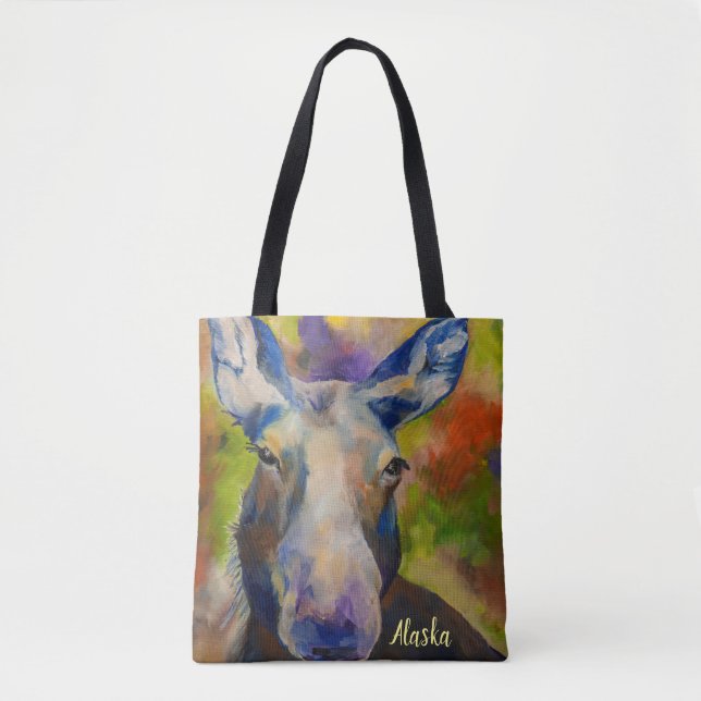 Tote Alaskan Wildlife Moose & Fireweed Bolsa com ALASKA (Frente)