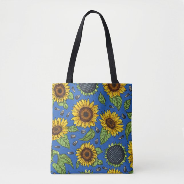 Tote Amarelo Ucrânia Girassóis Em Bolsa Azul (Frente)